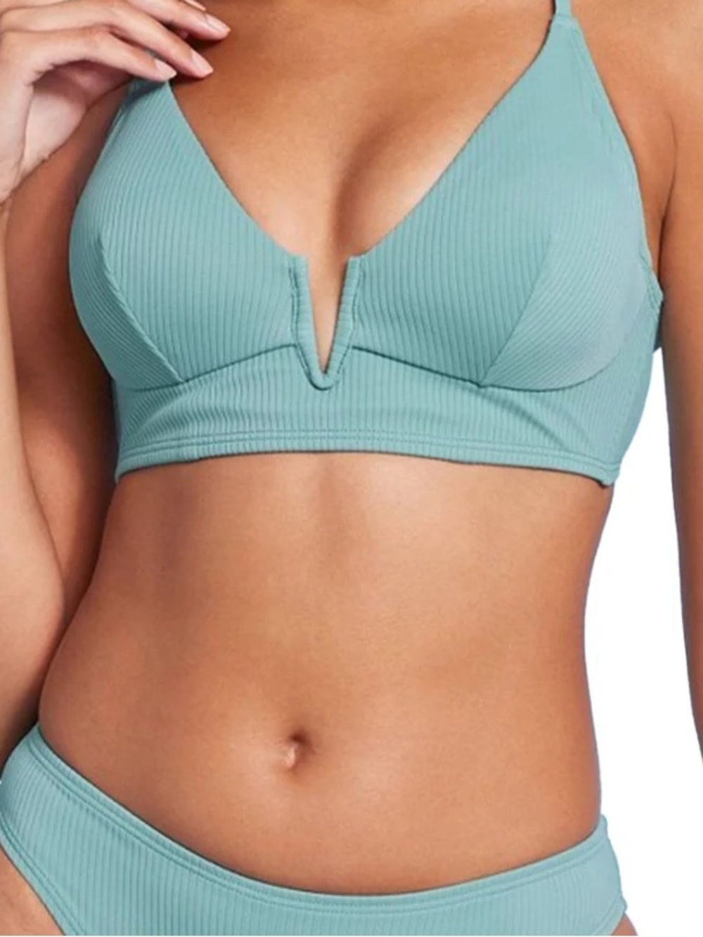 Shade & Shore Light khaki Teal Ribbed Strappy pushup swim Bralette 34DD